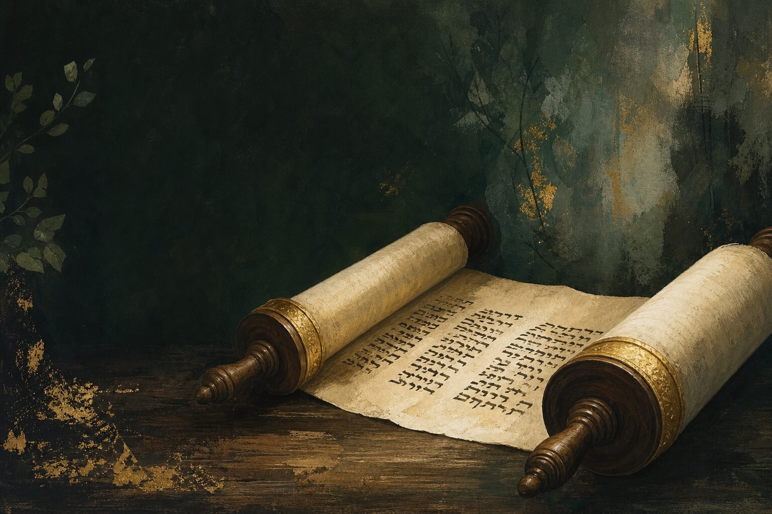 An open Torah scroll resting on a wooden table