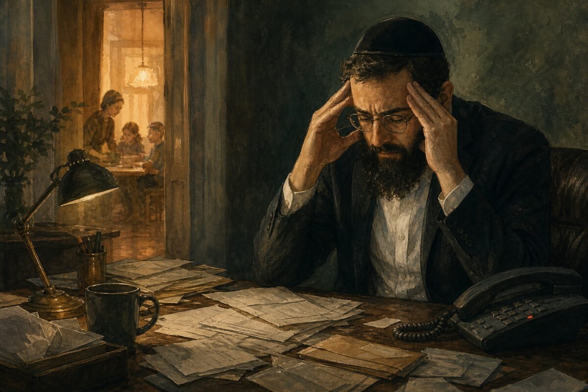 A Shliach alone at his desk late at night, bills spread before him, his family in the warm room behind