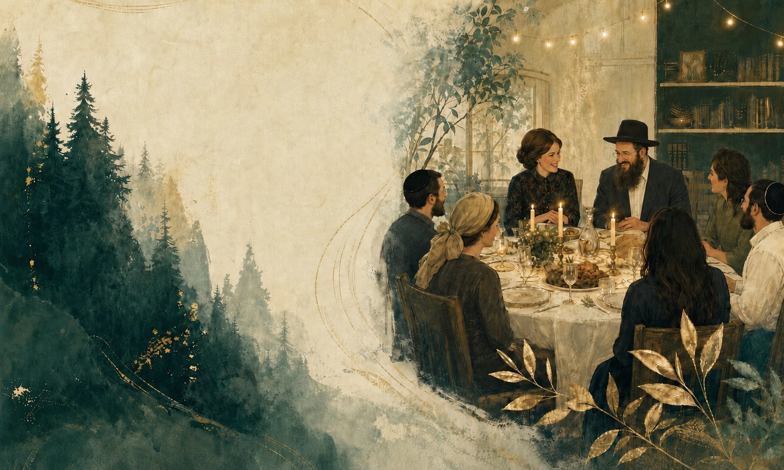 A Shabbos table full of guests, candles lit, the community gathered close